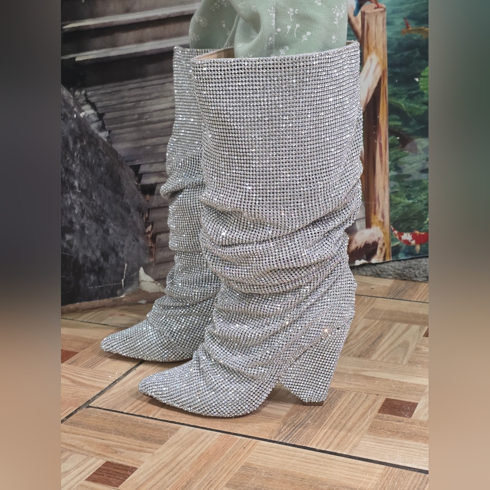 Olivia and James Embellished Rhinestone Crystal Covered Knee High Shoes.